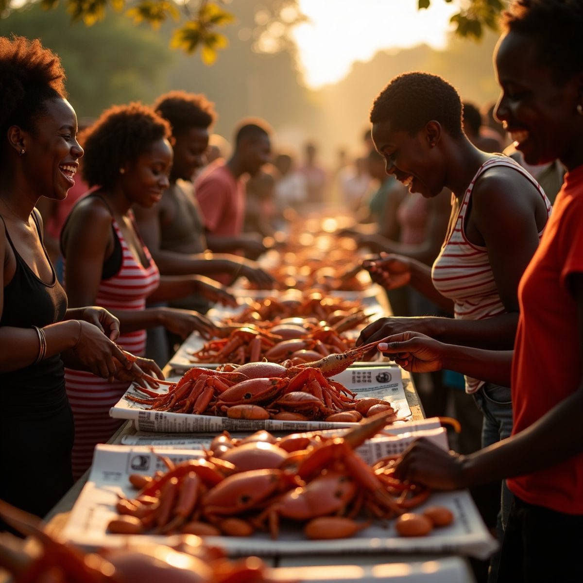 Guests gathered around a long table at an outdoor crab feast