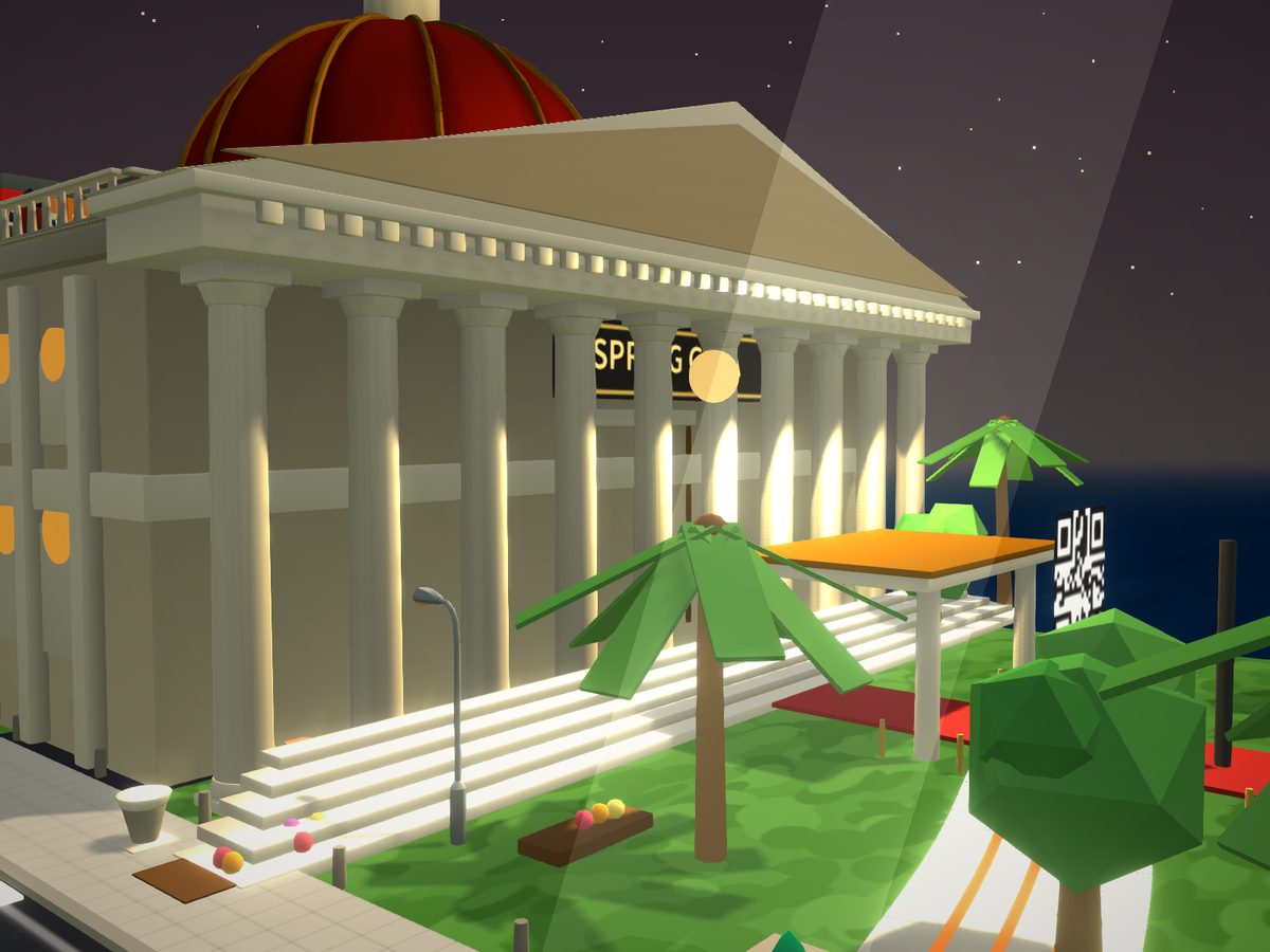 The ballroom at night in the 3D journey with the QR check-in stand at the door