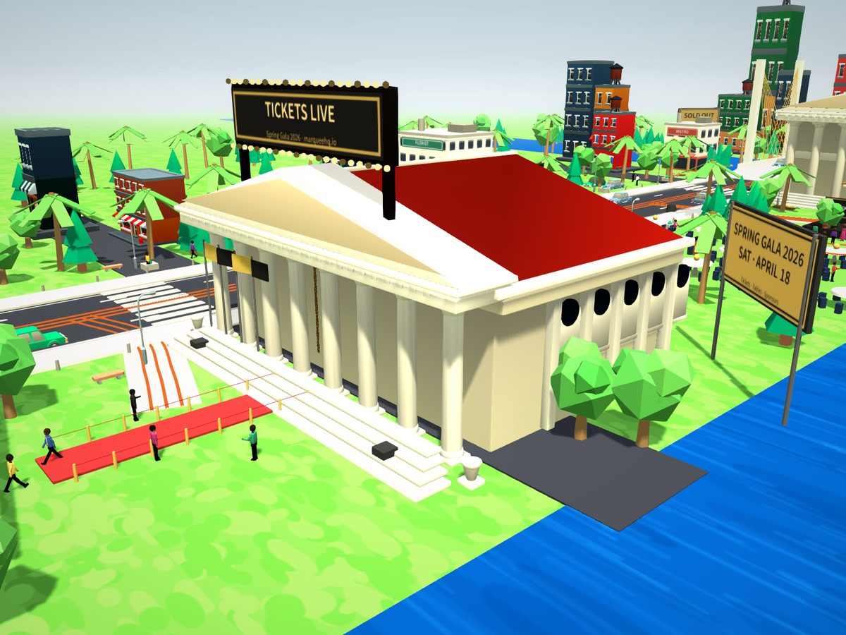 The gala venue in the 3D journey with a Tickets Live sign and red carpet
