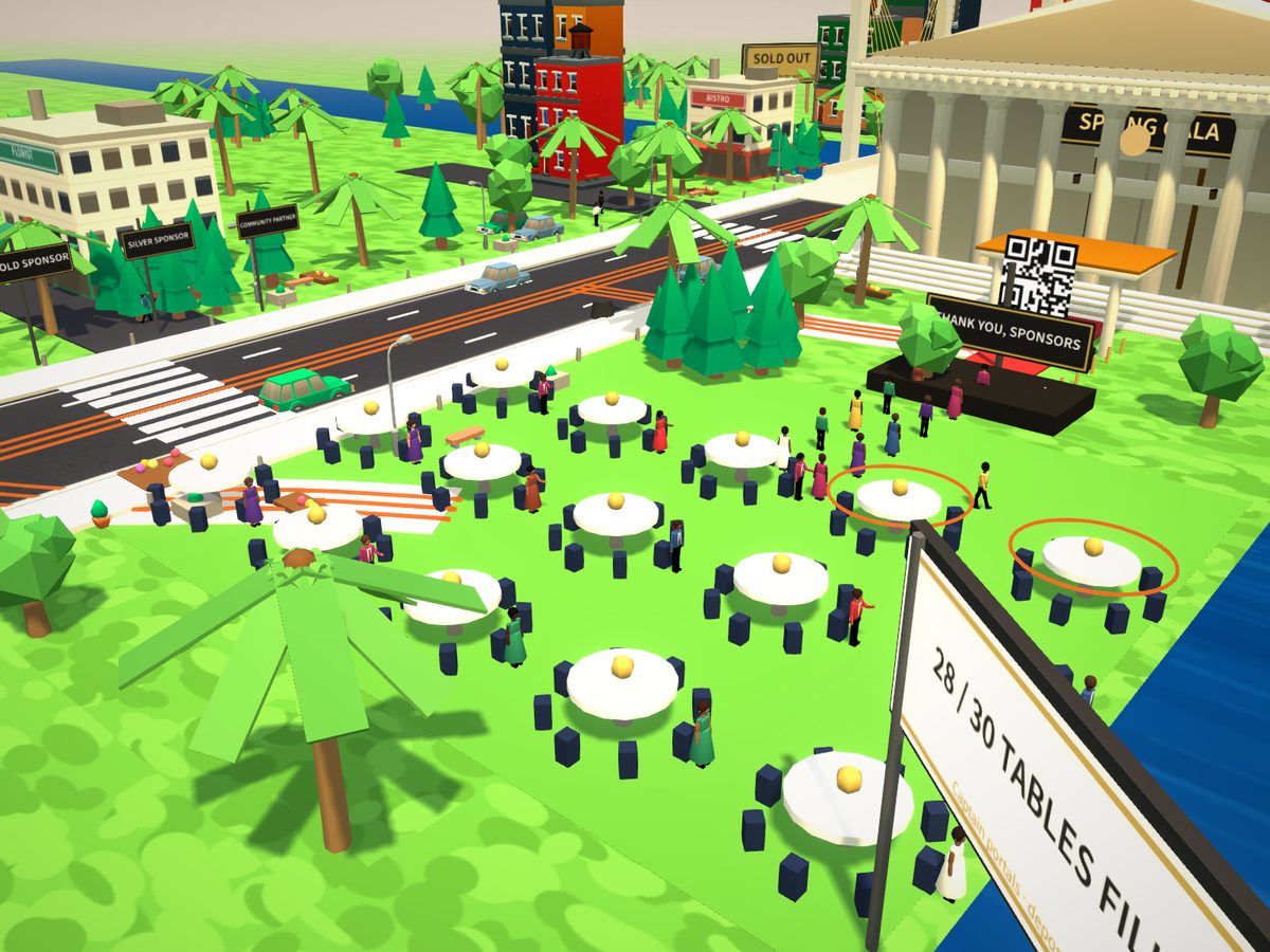 Thirty round tables on the lawn in the 3D journey, captains and guests seated